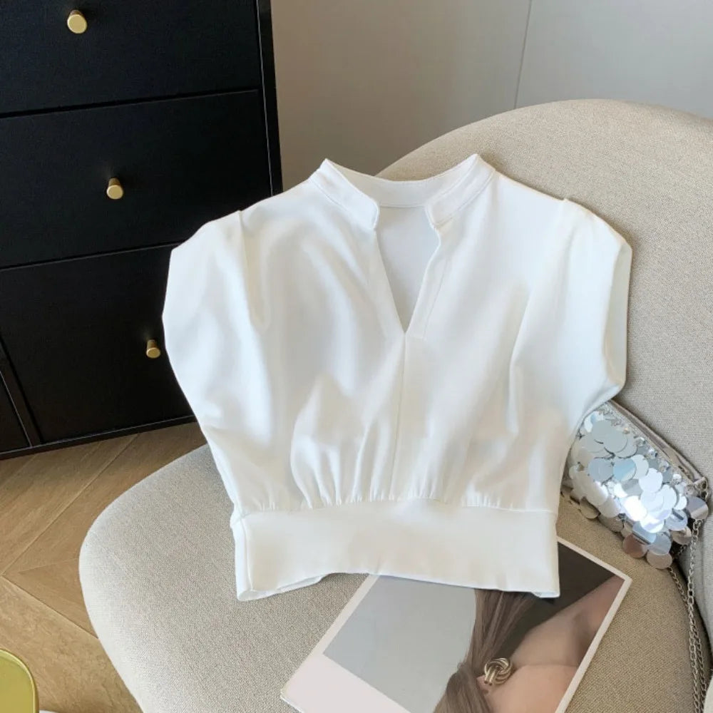 V-neck Flip Collar T-shirt Y2K Slim Fit Sleeveless Crop Wide Shoulder Qme White L