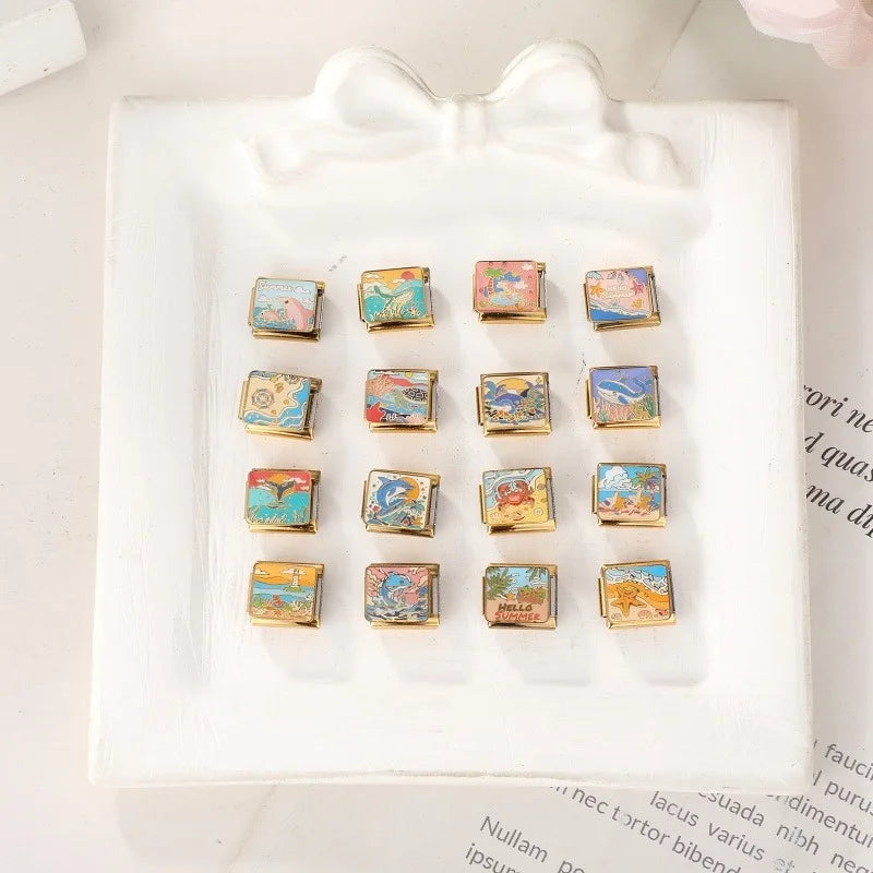 Sweet Pink Sky Cloud Lovely Dolphin Ocean Charm Italian Links Fit 9mm Bracelet Stainless Steel Women Men Making DIY Jewelry Gift Qme