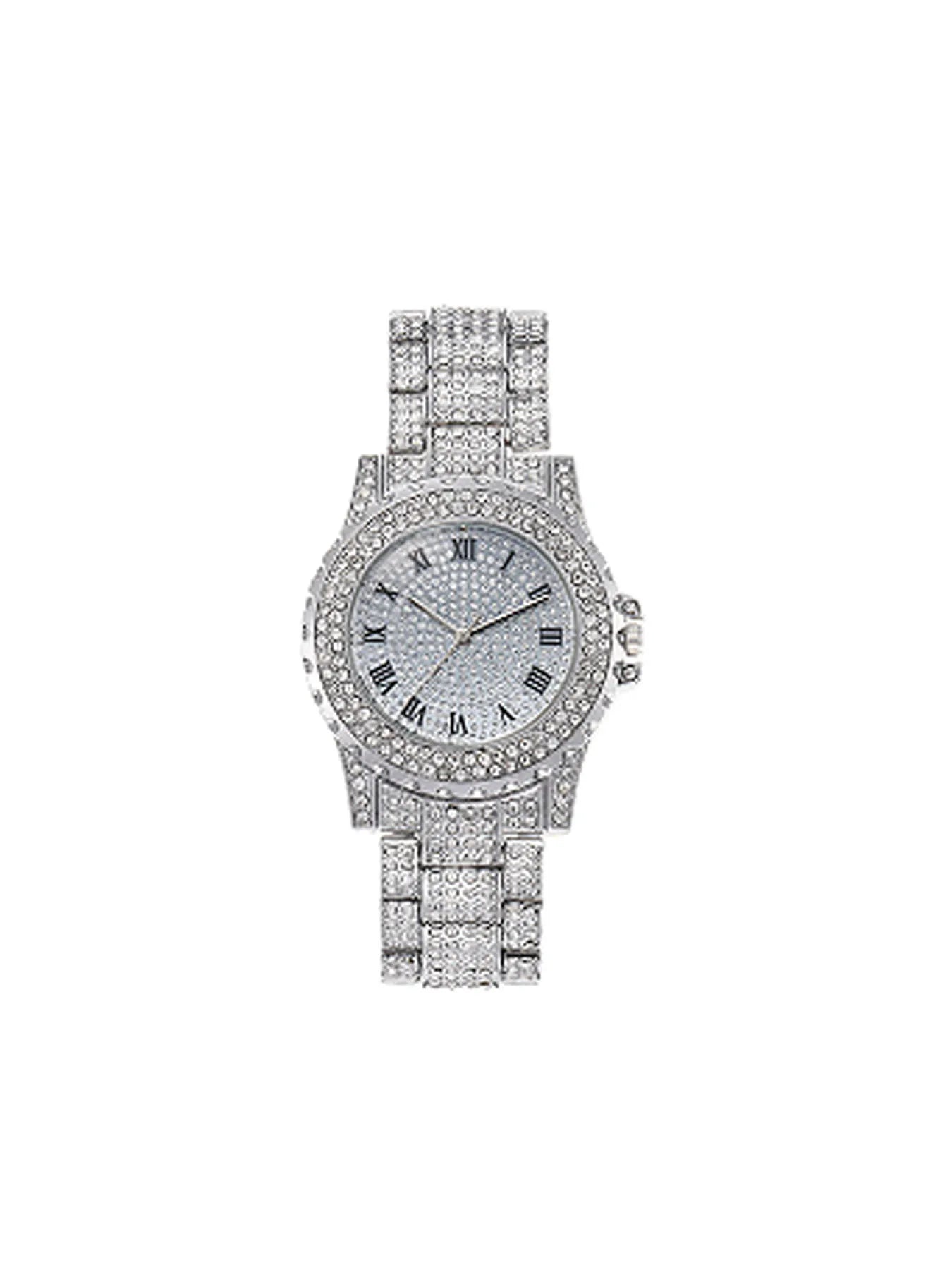 Star-studded stainless steel bracelet diamond-encrusted hip-hop men's watch with water crystal Roman numerals and date display Qme