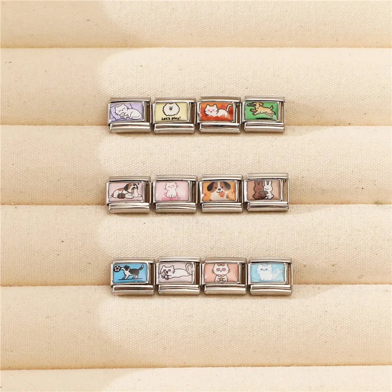 Wholesale 2025 New Cute Leaf Cats Dogs Rabbit Samoyed Italian Charm Link fit 9mm Stainless Steel Jewelry DIY Making Bracelets Qme