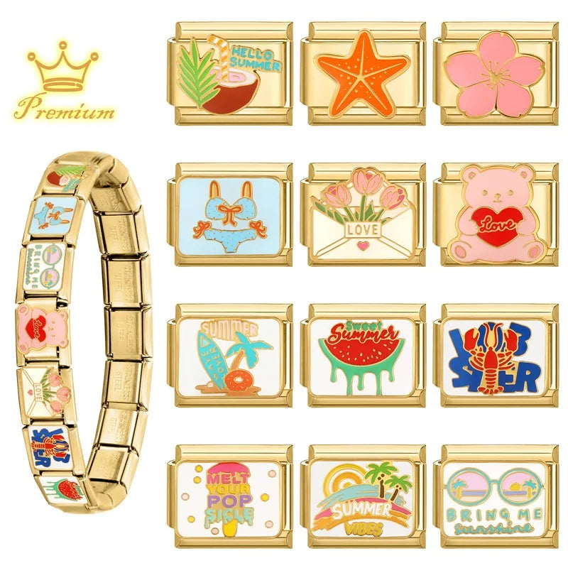 Gold Color Red Love Heart Bear Coconut Tree Pink Flowers Italian Charm Links Stainless Steel Fit 9mm Bracelet Making DIY Jewelry Qme