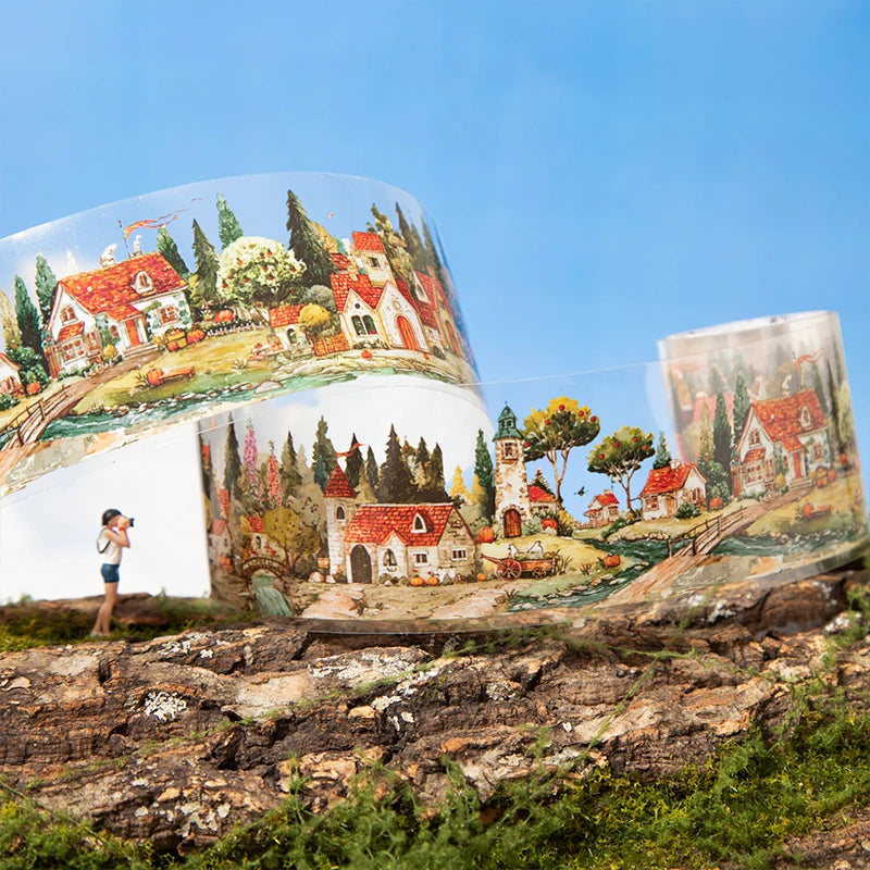 Watercolor Fairy Tale Town Washi Tape, Healing & Relaxing Creative Material, Ideal for Journal Scenery, Collage Qme
