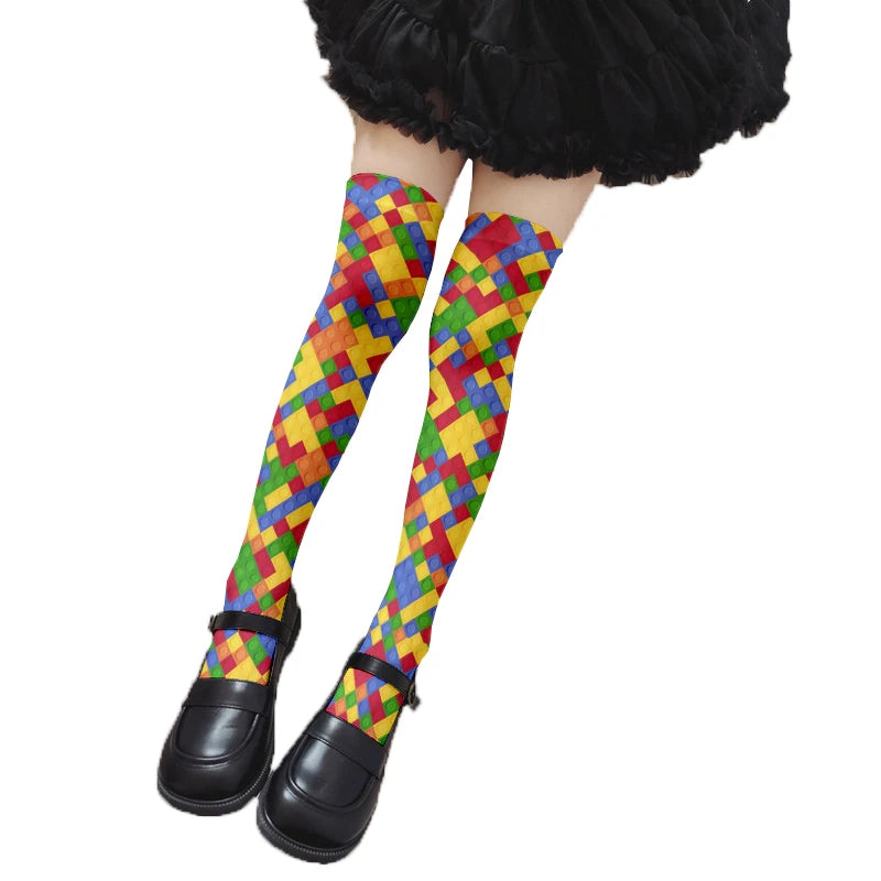Novelty Puzzle Pattern Stockings Harajuku Sexy Plaid Knee Socks Qme style5 One Size