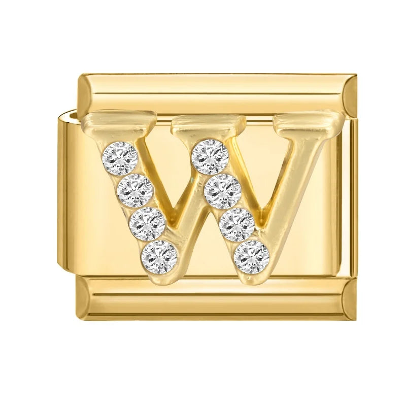 Wholesale Shiny CZ 26 Letters A-Z Gold Color Italian Charms Gold Plated 9mm Stainless Steel Modular Bracelet DIY Jewelry Gift Qme W