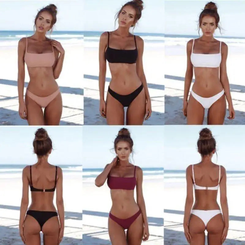 Women's Bikini Solid Two Swimsuit Sexy Spaghetti Strap Beach Swimwear Qme