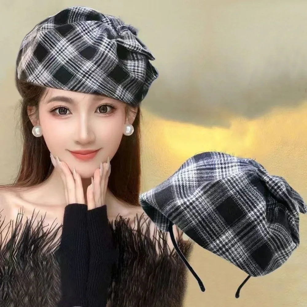 Retro Vintage Half-cap Headband Elegant Checkered Bowknot Headwear Qme