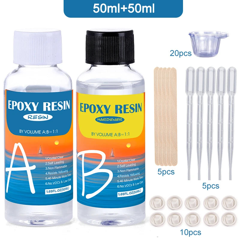 Epoxy Resin Crystal Clear Kit Easy Mix 1:1 Coating and Casting Resin for Table Top, Molds, Tumbler Crafts, Painting, Jewelry DIY Qme 50ml 50ml kit