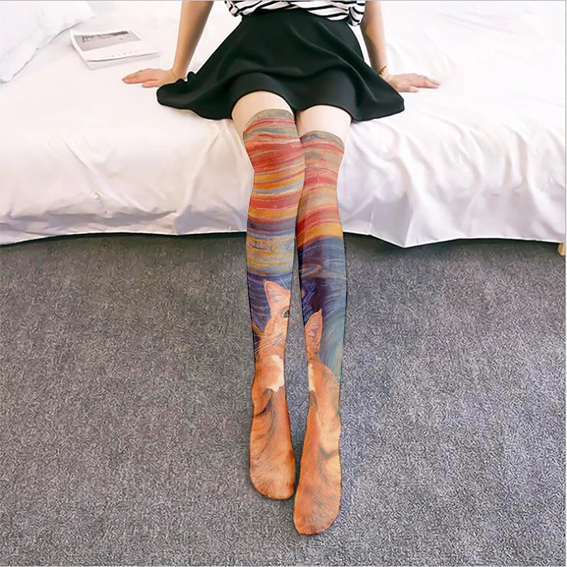 Van Gogh Retro Oil Painting Thigh Stockings Starry Sky Sunflower Qme