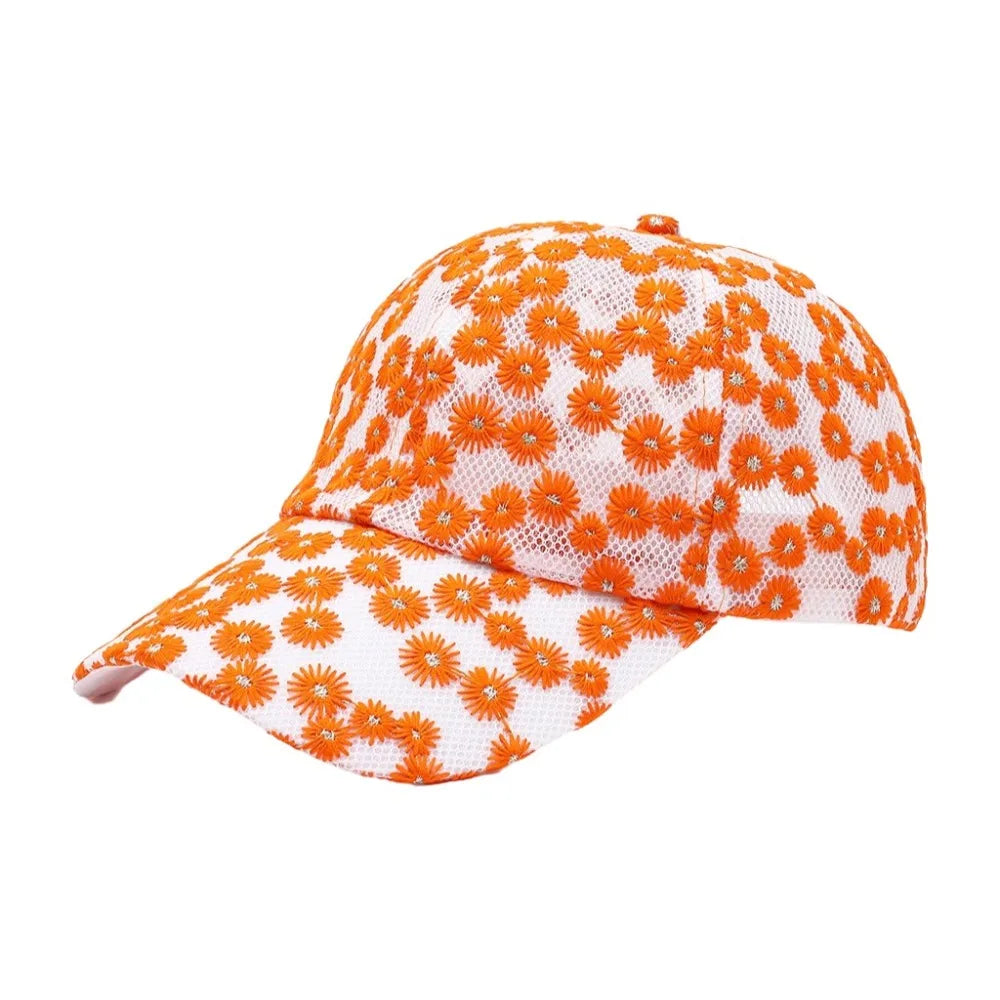 Casual Embroidered Flower Baseball Cap Adjustable Breathable Visors Qme Orange