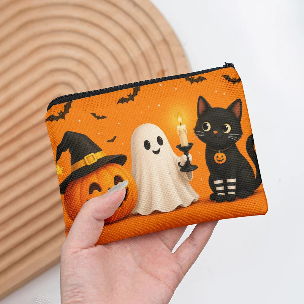 Cute Halloween Pumpkin Ghost Black Cat Canvas Coin Purse Zipper Small Pouch Wallet for Cards Keys Change Holiday Gift Qme