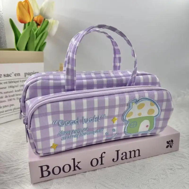 Plaid Pattern Double Layer Student Pencil Case 2 Zippers Handle Water Qme A3