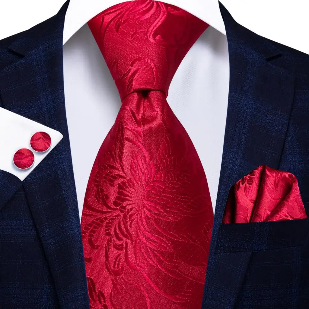 Hi-tie Designer Red Burgundy Plaid Wedding Tie Men Handky Cufflink Qme 0306