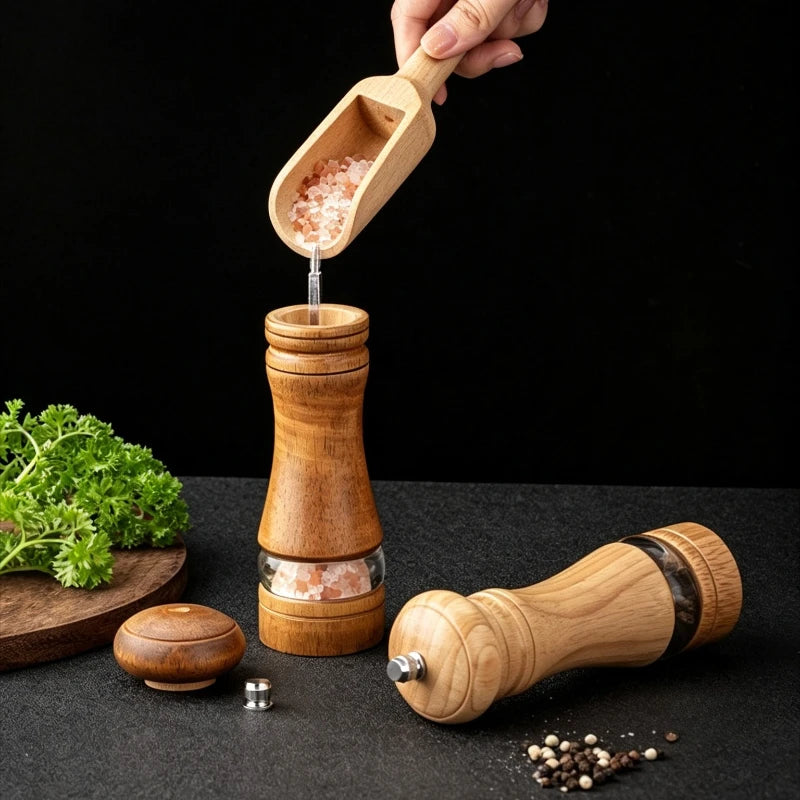 A 6 Inch Acrylic Pepper Mill Ceramic Core Grinder, Rubber Wood Double Hole Tray & Small Wood Spoon Spice Seasoning Set Qme