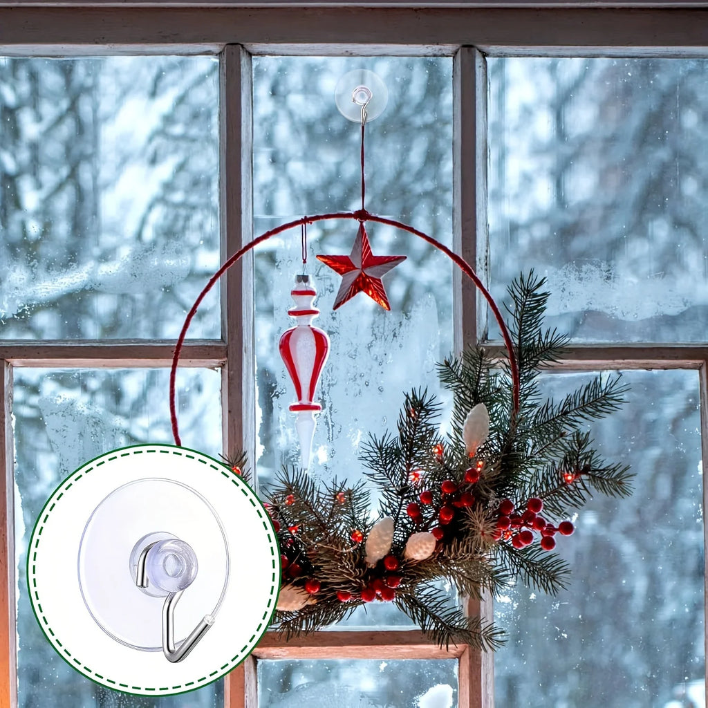 Clear Suction Cup Hooks with Metal Hooks - Traditional Style, Easy Install, Wall Mount, Plastic, for Kitchen, Bathroom, Shower, Qme