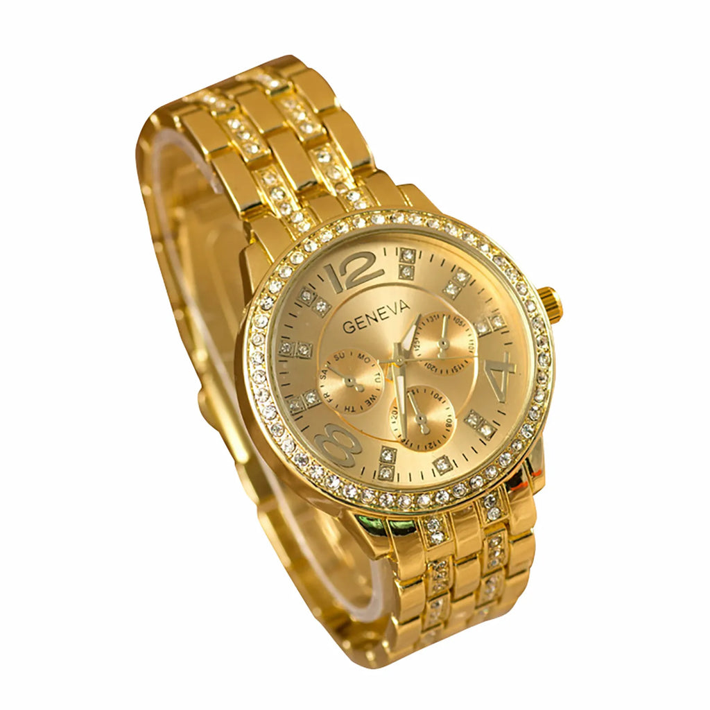 Female Fashionable Exquisite And Versatile Simple Business Alloy Stainless Steel Band With Diamond Quartz Round Wrist Watch Qme