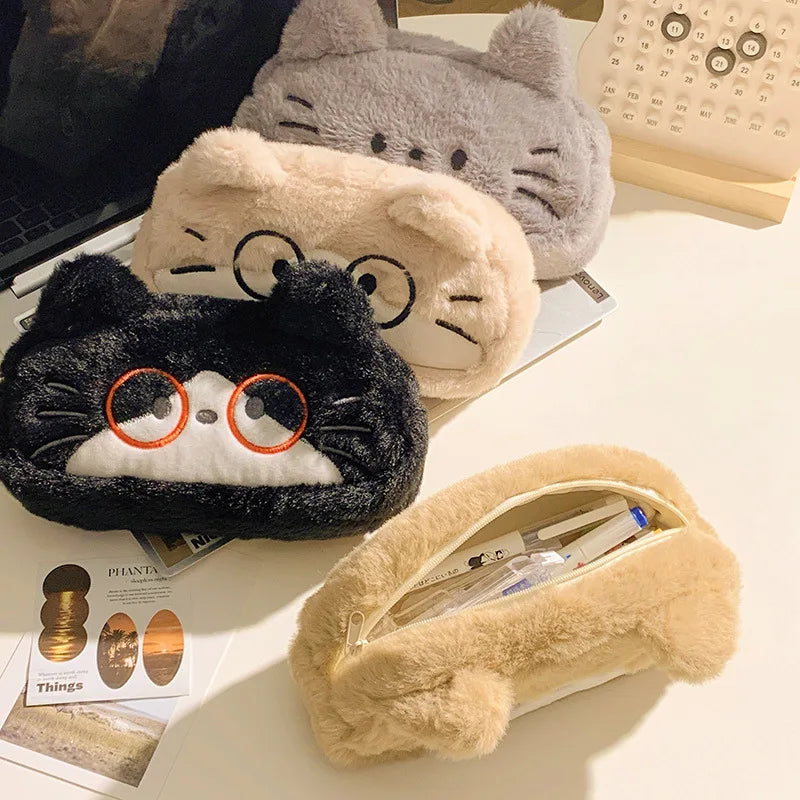 Cute Cartoon Embroidered Plush Cat Printed Pencil Case Student Qme