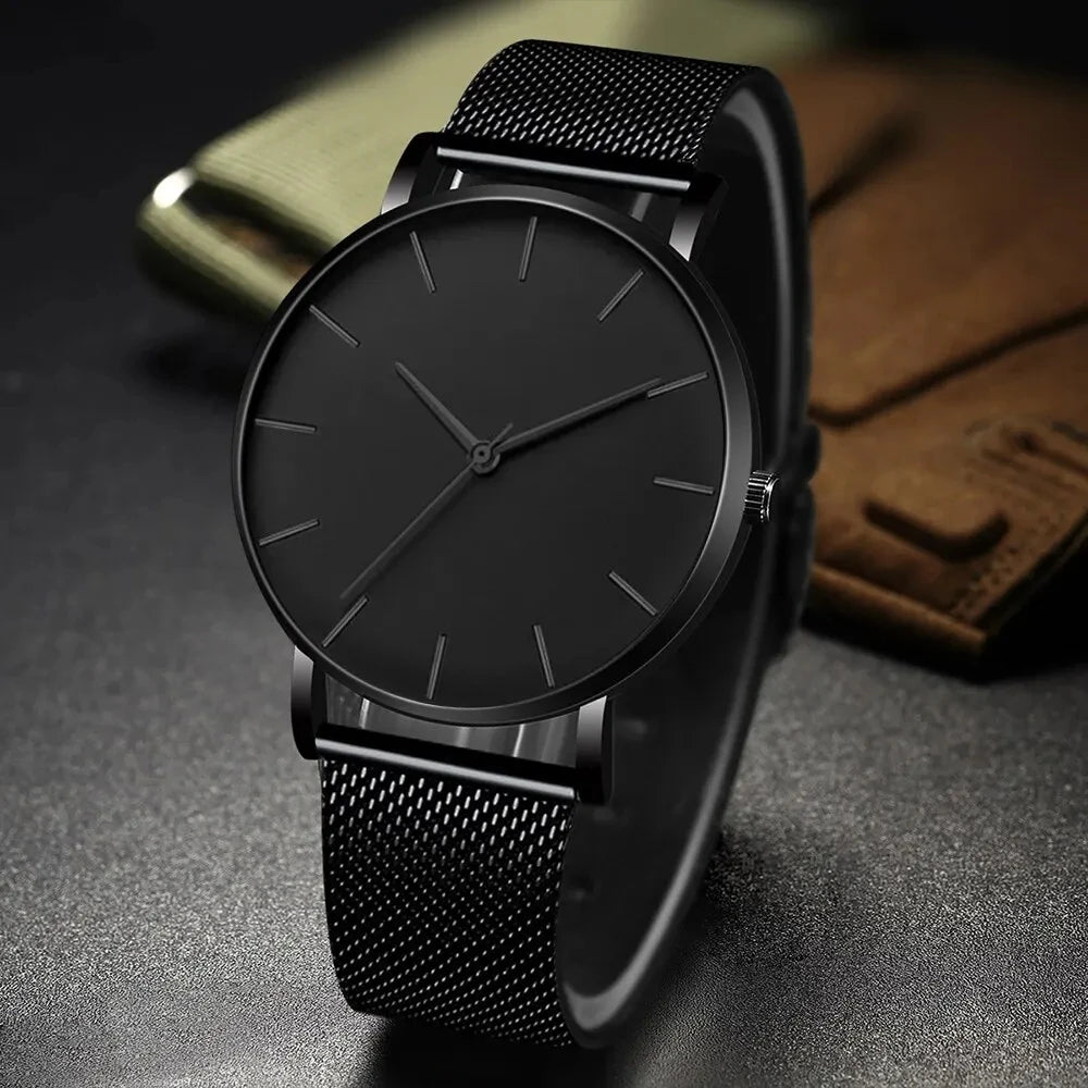 Fashion Ultra Thin Creative Black Stainless Steel Quartz Watches Men Simple Fashion Business Watch-Bracelet Male Watch Qme black No