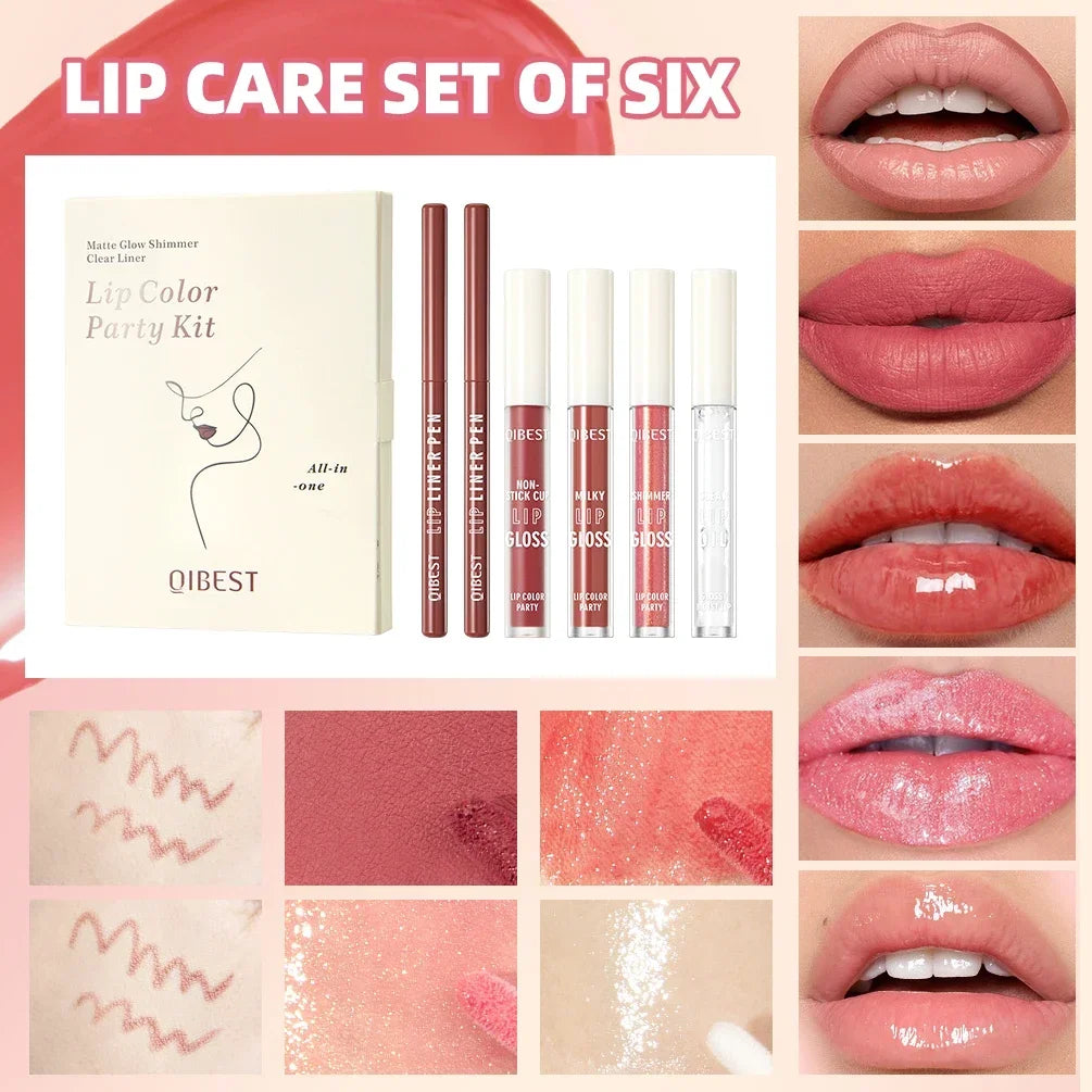 QIBEST Multi-Use Lip Makeup Sets Include 2 Lipliner,1 Liquid Lipstick,2 Mirror Lip Glaze And 1 Lip Oil Cosmetics Lipgloss Tint Qme
