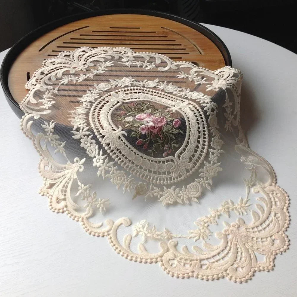 European Oval Lace Embroidered Coaster Bedroom Study Kitchen Cup Qme
