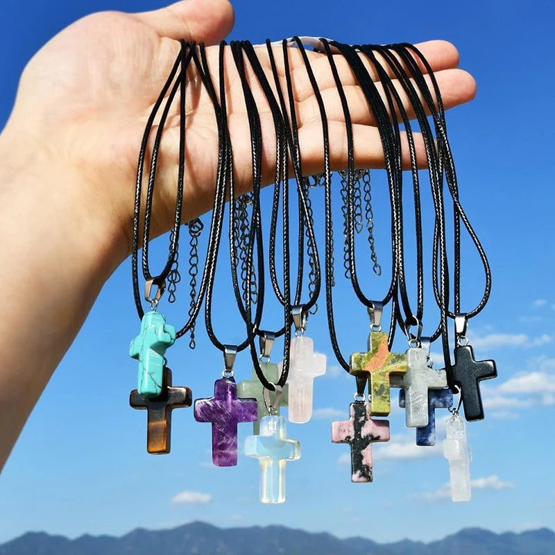 Natural Stone Cross Pendant Necklace, Colorful Punk Rock Style, Street Cool Vintage Y2K Goth Hip Hop Jewelry for Men and Women Qme