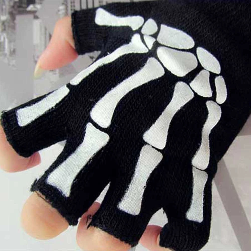 1Pair Punk Gloves Unisex Halloween Skeleton Skull Half Finger Gloves Glow In The Dark Fingerless Stretch Knitted Winter Mittens Qme
