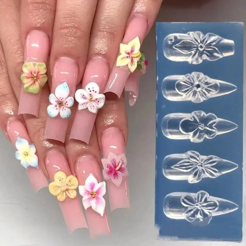 Silicone 3D Hibiscus Flower Nail Mold Resin Art DIY Designs Qme