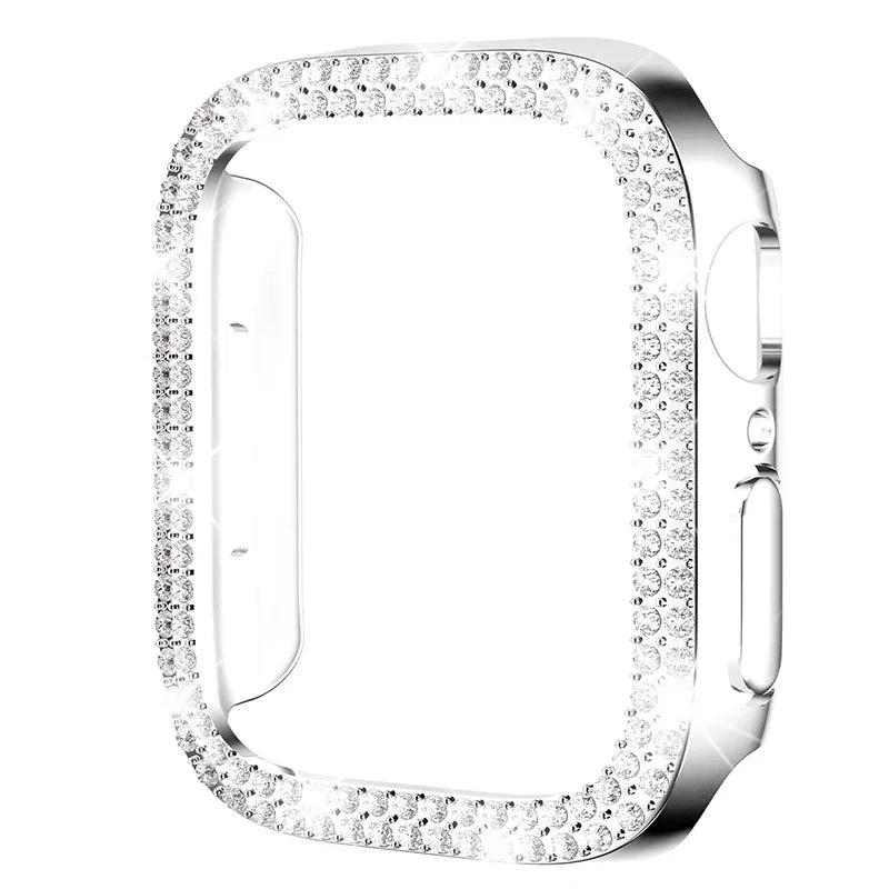 Diamond Case For Apple Watch Cover 9 8 7 41mm 45mm 44mm 40mm Bling Bumper Protector Shell For iWatch Series 8 3 4 5 6 SE Qme Silver Double 41mm