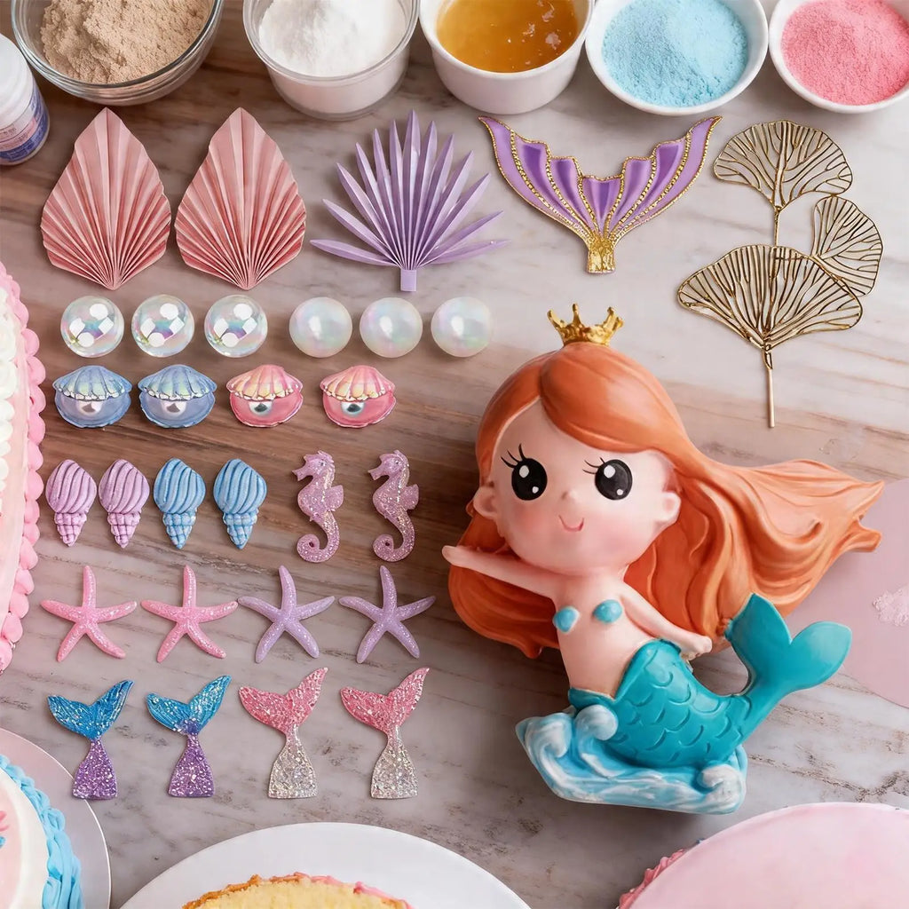Mermaid Tail Cake Topper Fish Tails Starfish Seashells Crafts Mermaid Cake Decor Set For Kids Girls Boys Students Family Holiday Qme