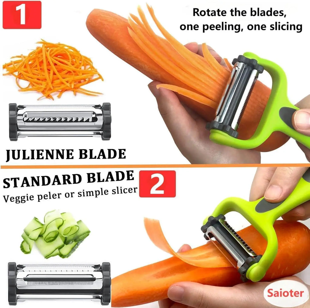 4-in-1 Vegetable Peeler for Peeling, Slicing, and Chopping Vegetables, with Rotating Stainless Steel Blades Qme