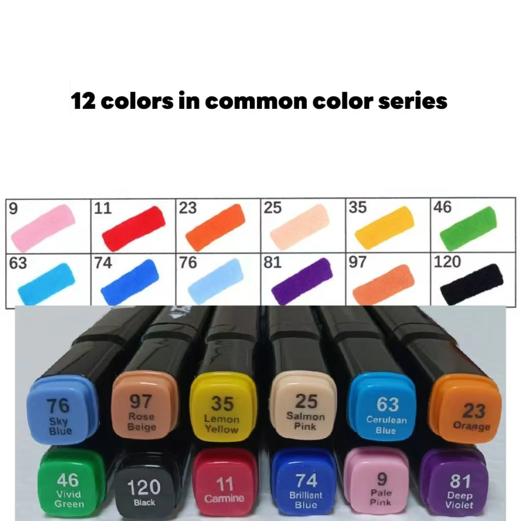 12 Pcs Oily Marker Pen Set Art Alcohol Based Markers Dual Tips Sketching Drawing Graffiti Manga School Art Supplies Qme Common series