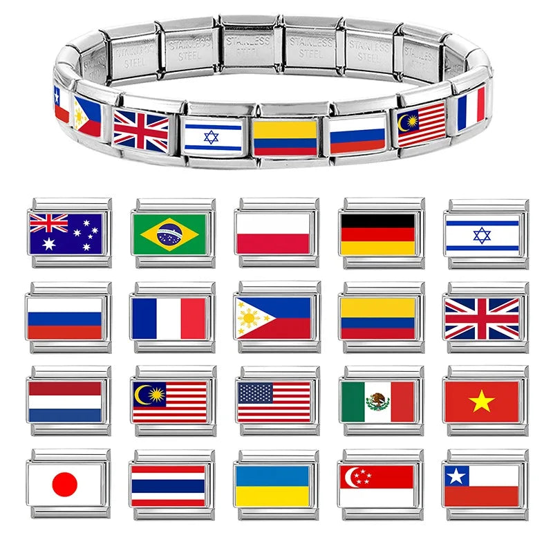 2025 Fashion Photo Italian Charm Bracelet 9mm Diy Color National Flag Series of Each Country Mexico,America,Britain,Italy,Israel Qme