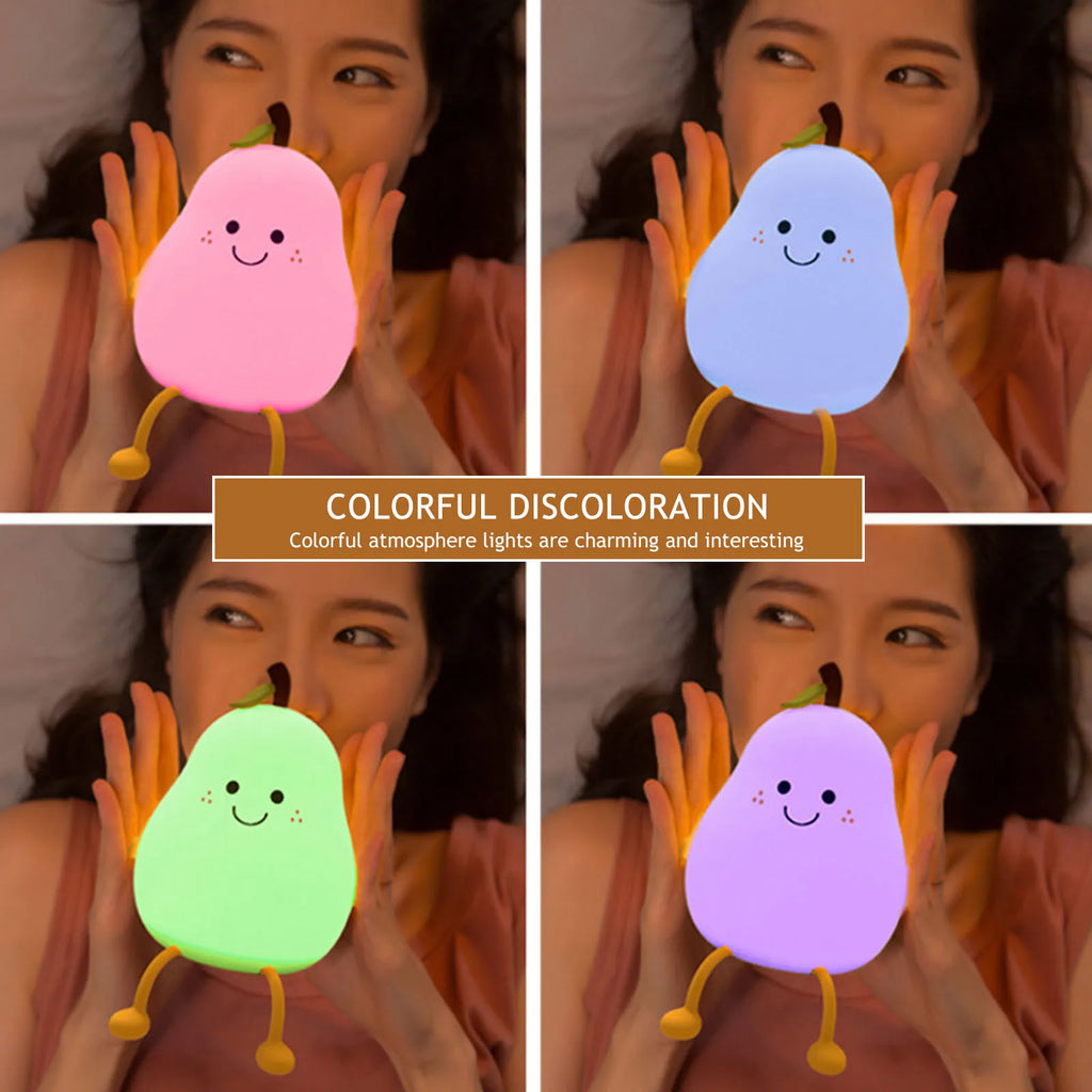 1pc Cute Pear Night Light 7-Color Dimmable Touch-Controlled Night Light Silicone Stress Reducing Pat Lamp USB Rechargeable Qme