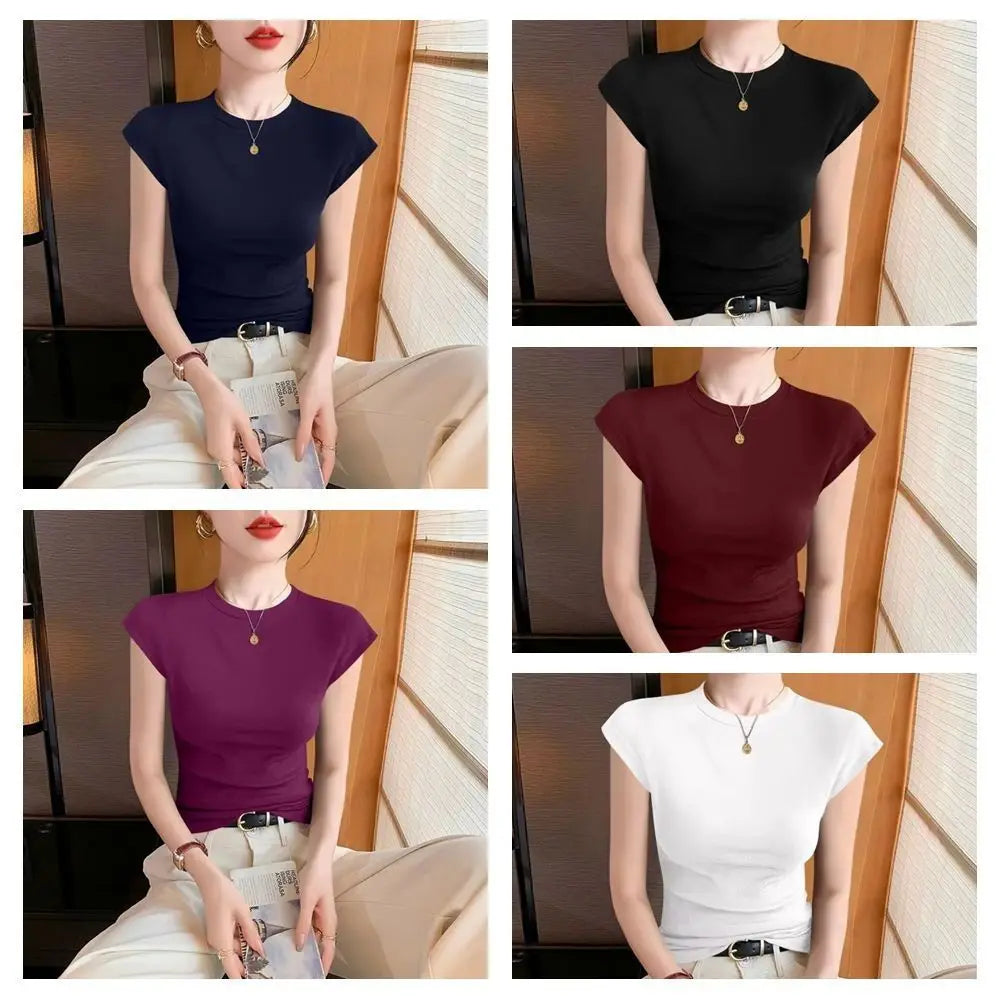Korean Style Round Neck Women T Shirt Solid Color Breathable Short Sleeved T Shirt Slim Fit Stretchy Thin Base Top Summer Qme