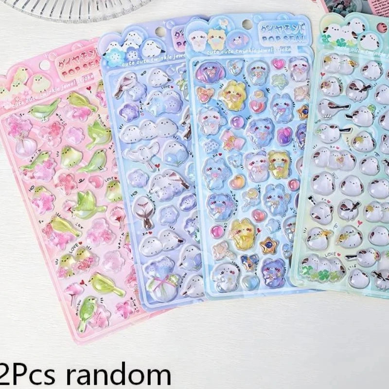 Cute Cartoon Bird Stickers 3D Relief Crystal Sticker Laptop Phone Case Scrapbooking Decals DIY Stationery Decoration Lovely Gift Qme 2Pcs