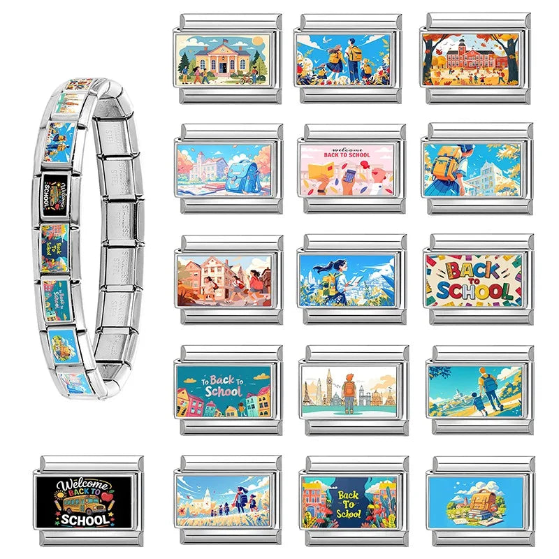 Blue Landscape Sky School Student Schoolbag City Italian Charms Fit 9mm Stainless Steel Women Fashion Bracelet DIY Jewelry Gifts Qme