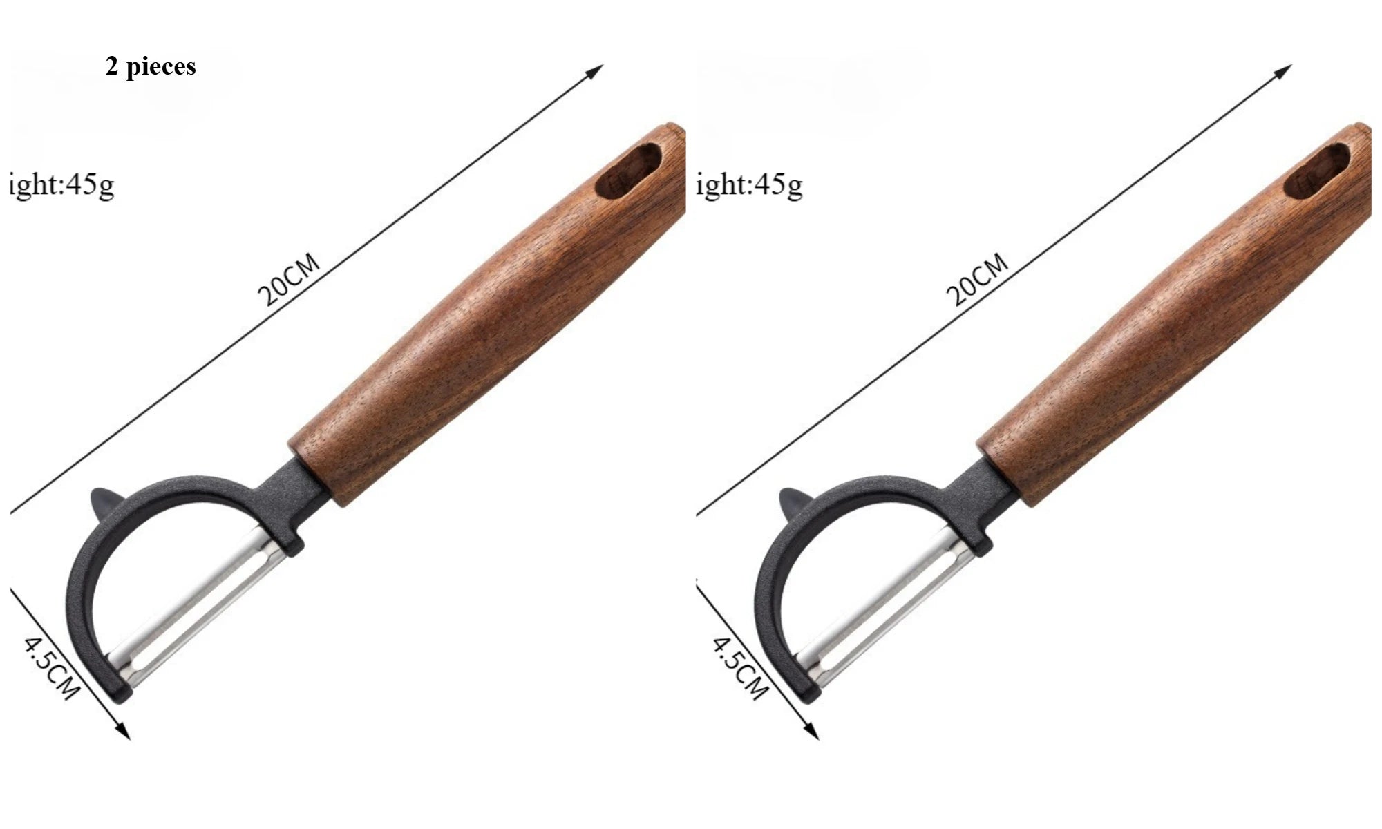 2-Piece Wooden Handle Stainless Steel Peeler,Straight & D-shaped Fruit Vegetable Melon Planer,Wooden Grip Peeling Kitchen Tool Qme D-Peeler-2Pcs