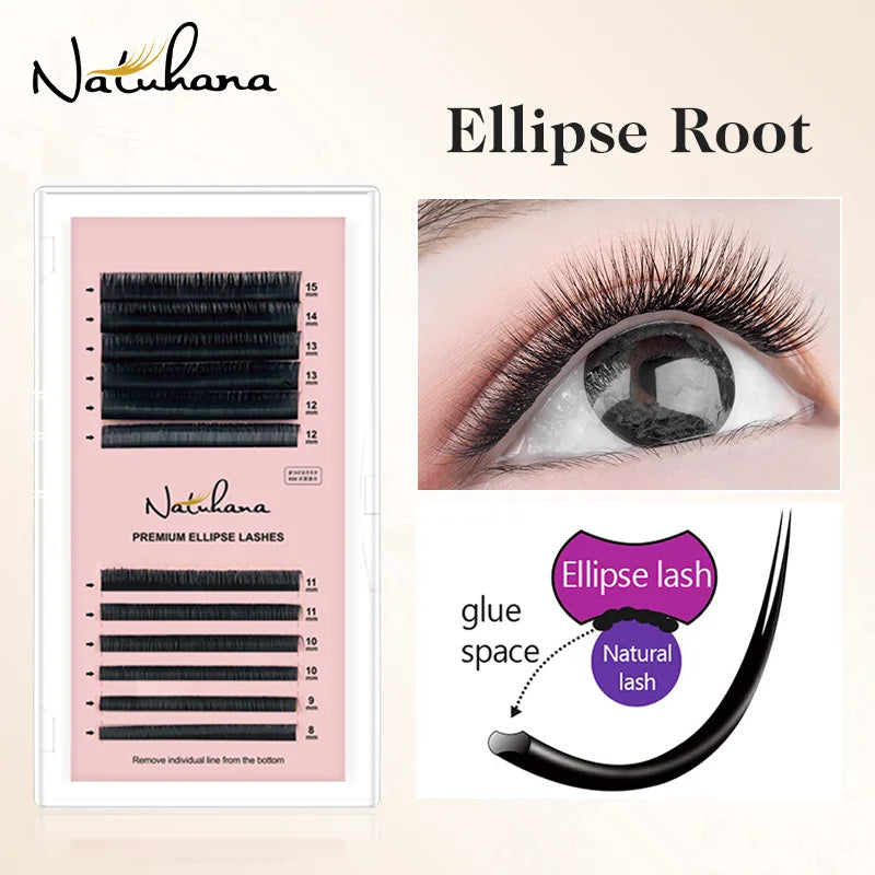 NATUHANA 8 15 Mix Ellipse Flat Eyelashes Extensions Matte Faux Mink Qme B 0.15MM 8mm