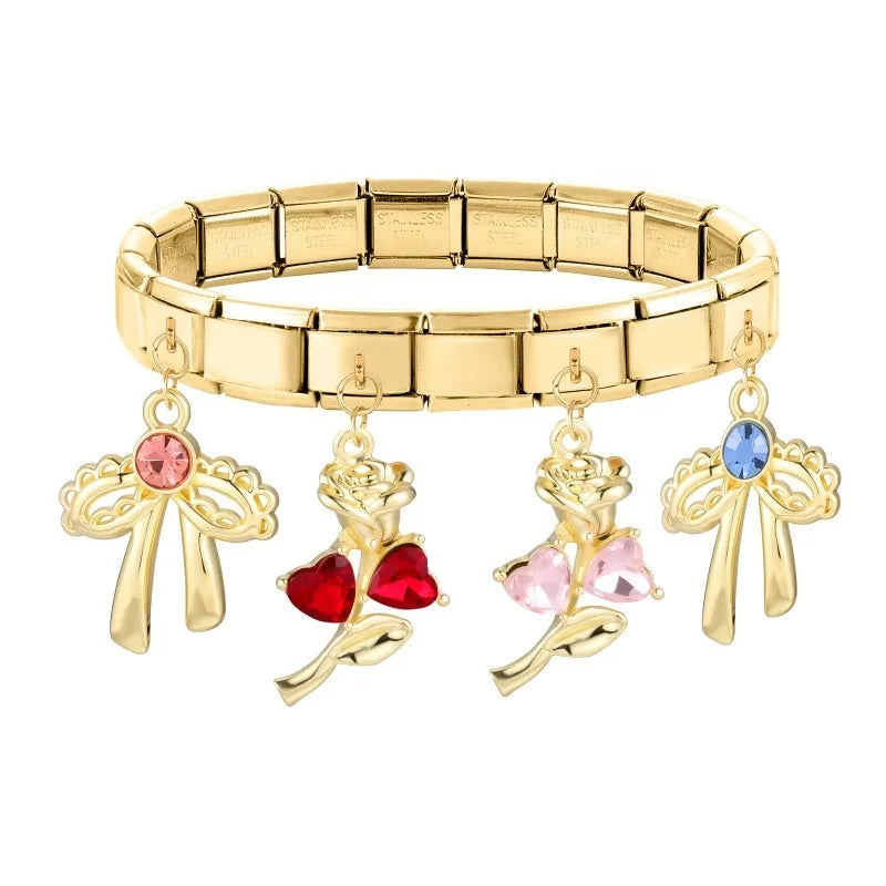 Fashion Flowers Rose Zircon Bowknot Butterfly Golden Italian Charm Links Fit 9mm Stainless Steel Bracelet Women DIY Making Gifts Qme