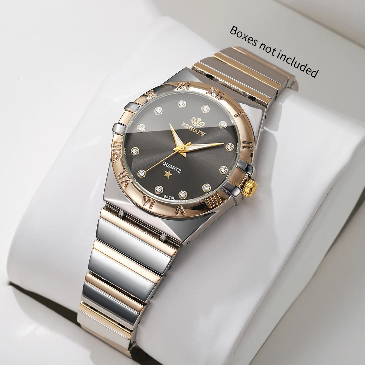 Two Tone Gold Silver Ladies Watch Rhinestone Dial Roman Trim Bezel Stainless Steel Band Elegant Women Quartz Dress Wristwatch Qme Black No Box