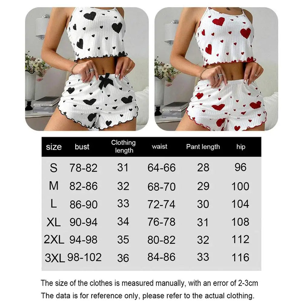 2pcs Women's Pajama Set Sexy Cute Kawaii Pajamas Women suspenders Sun-Tops Loungewear Set Shorts Lolita Heart Silk Sleepwear Qme