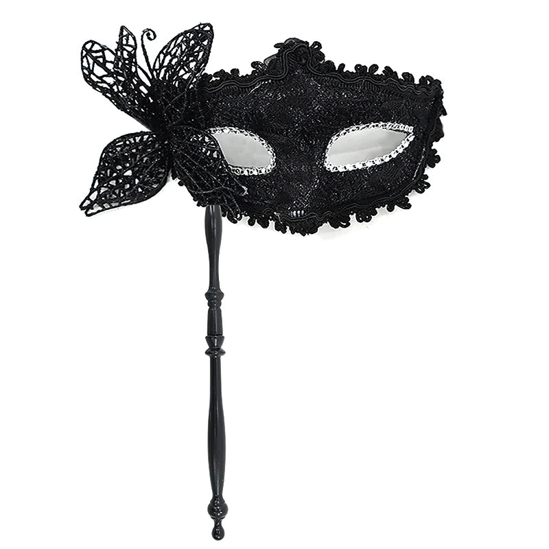 Halloween Party Mask With Holding Stick Evening Prom Masquerade Mask Stage Cosplay Props Half Face Masks For Women Qme Black