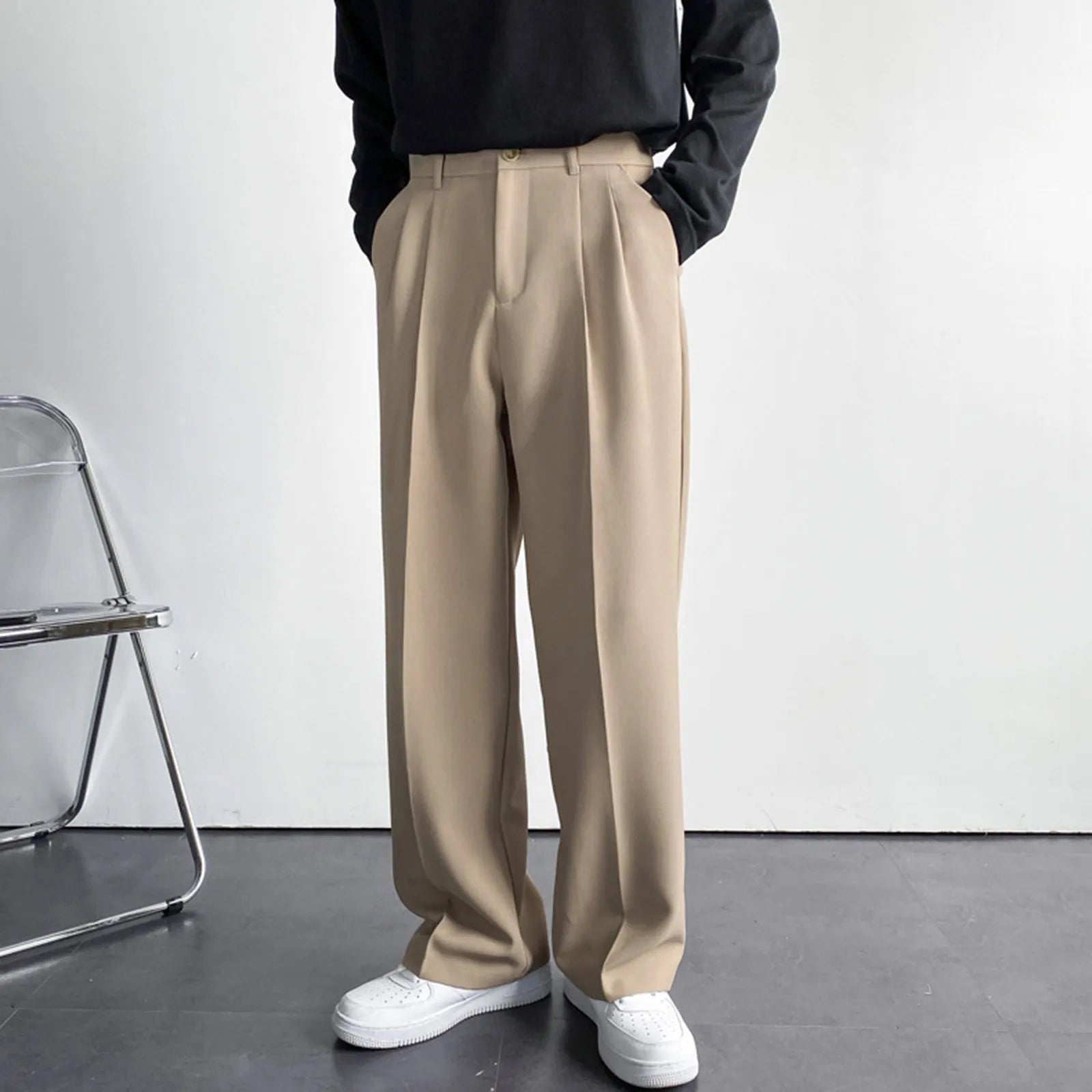 Men's Business Casual Fashion Loose Solid Color Drape Straight Trousers Classic Commuting Simple And Versatile Pocket Long Pants Qme Khaki 38