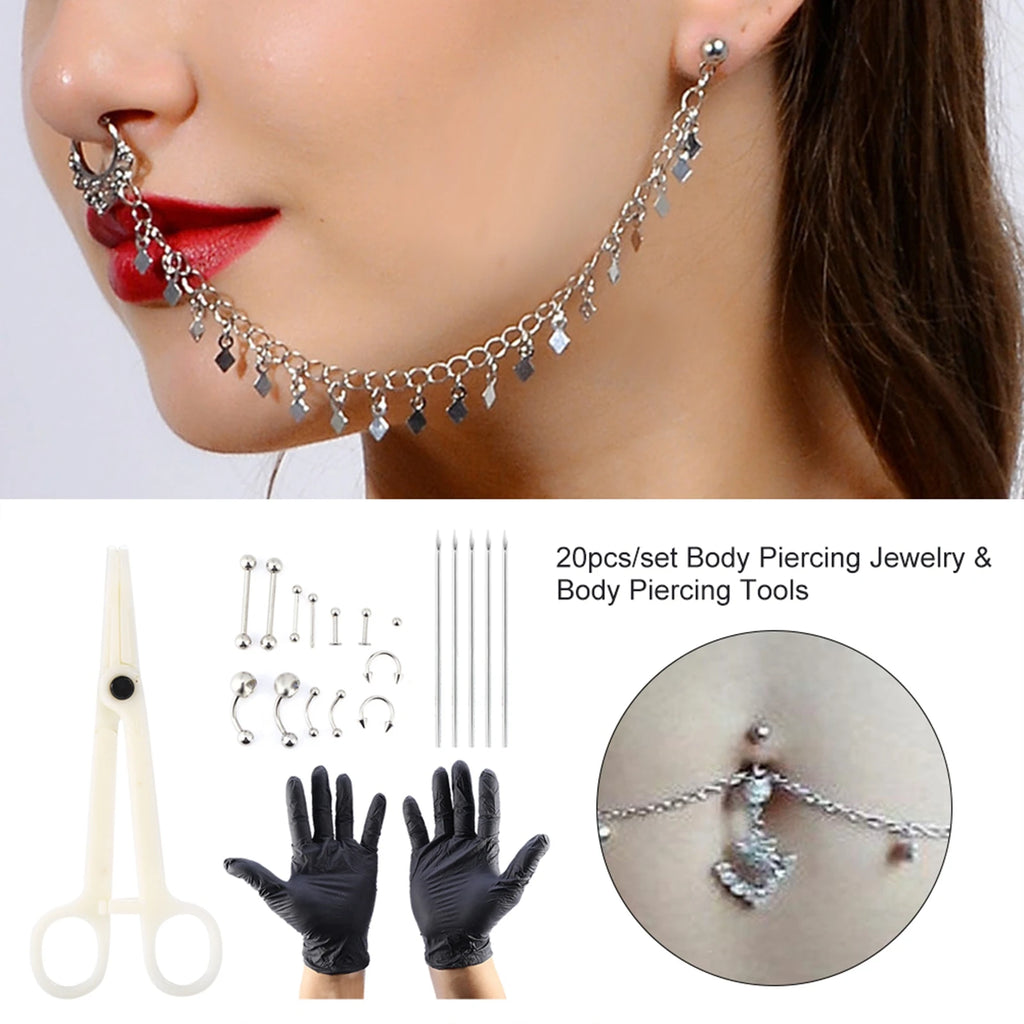 20pcs /set Tongue Nose Belly Button Body Jewelry Piercing Rings Clamp Gloves Needles Tool Kit Body Piercing Ring Kit Qme