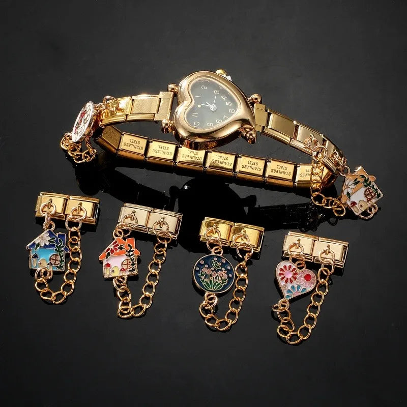2025 New Heart Flowers Home Golden Women Fashion Chain Italian Charm Link Fit 9mm Bracelet Stainless Steel Making DIY Jewelry Qme