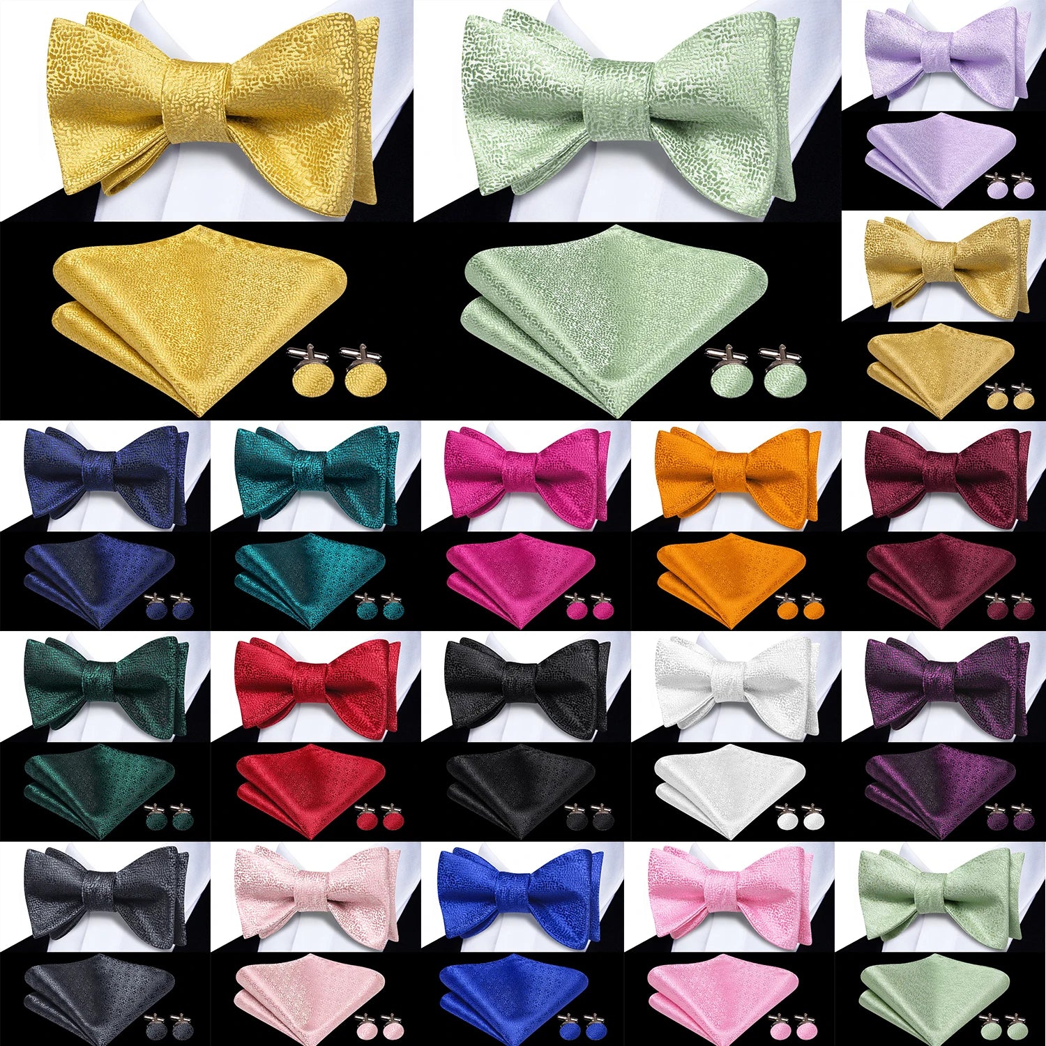 Beige Champagne Gold Silk Mens Bow Tie Hanky Cufflinks Jacquard Qme