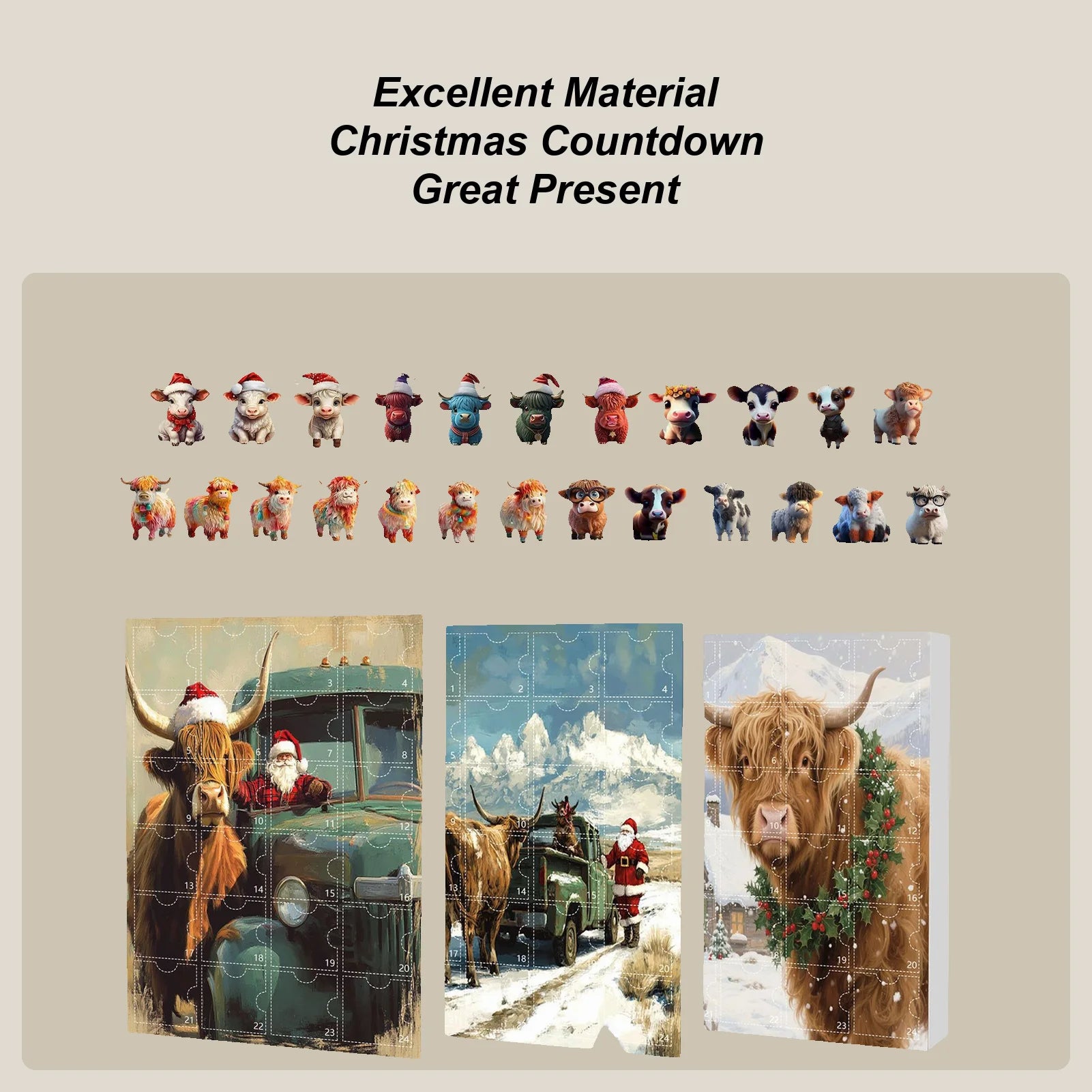 Christmas Highland Cow Calendar Advent 24 Days Ornaments Countdown 2D Qme