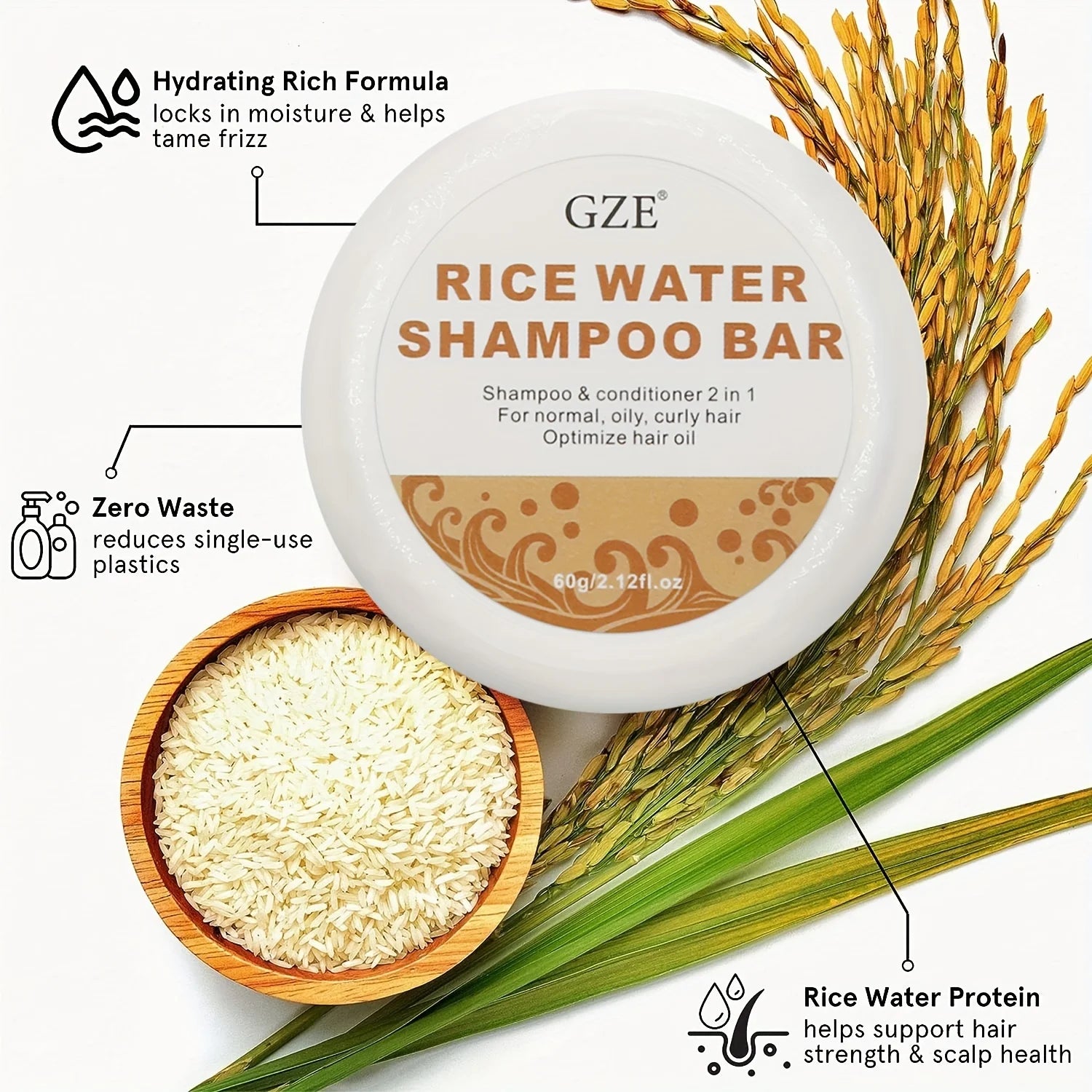 GZE Rice Water Shampoo Bar Soap and Rice Raw Pulp Solid Conditioner For Hair Strengthening, Helps Dry Hair Moisturizing Qme