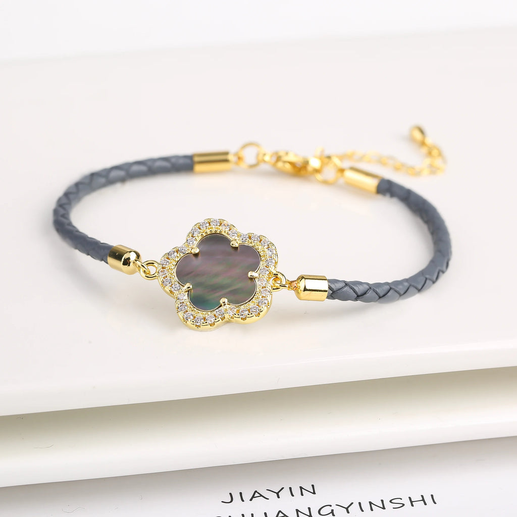 2024 Classic Shiny Zirconia Stone Five Leaf Flower Leather Braided