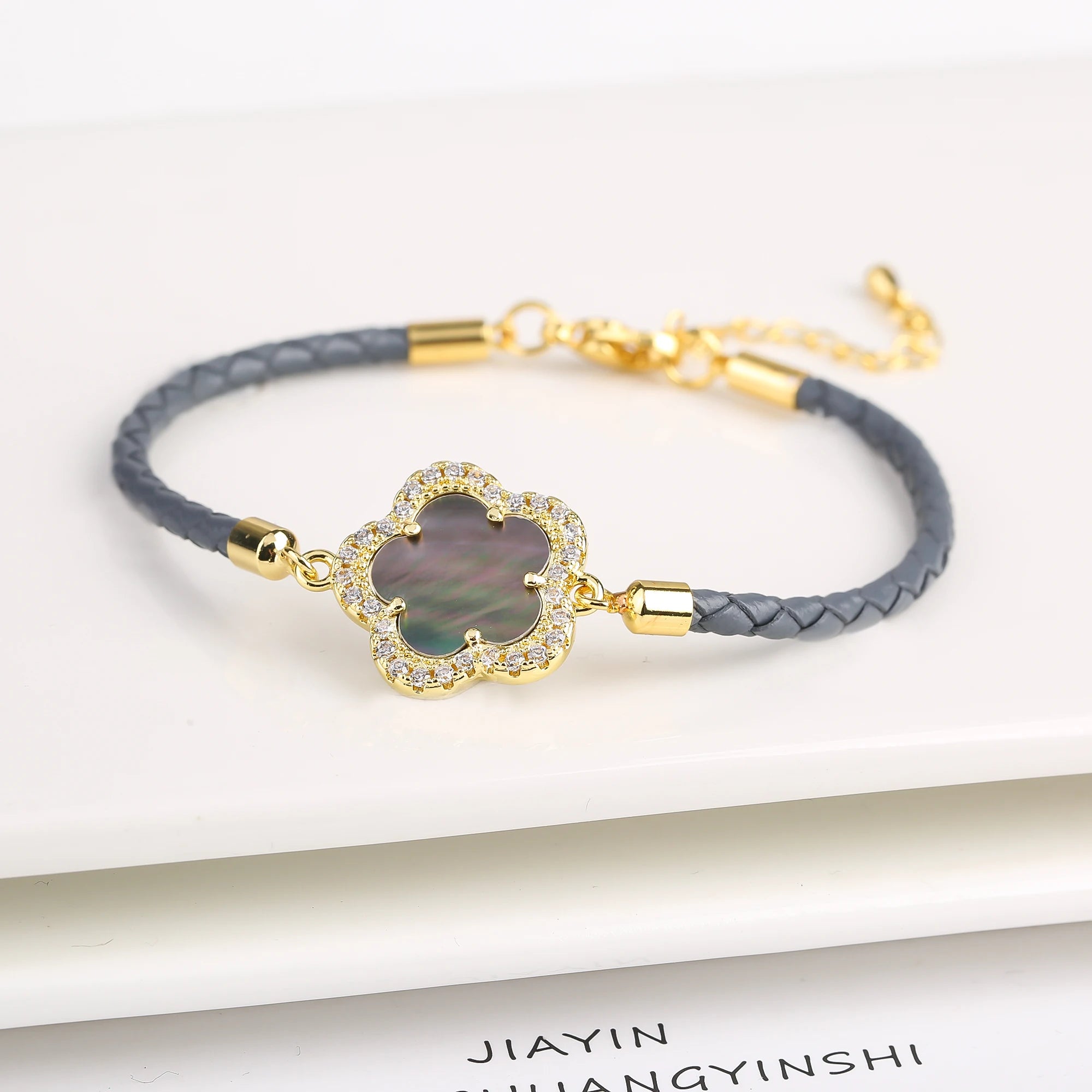 2024 Classic Shiny Zirconia Stone Five Leaf Flower Leather Braided