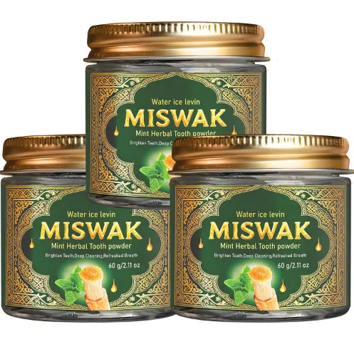MISWAK Mint Herbal Tooth Powder, Deep Cleaning & Brightening with Charcoal & Hyaluronic Acid for Fresh Breath Qme green